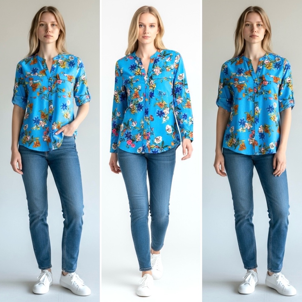 Calvin Klein Georgette Floral Blouse Roll-Sleeves Pockets Long Sleeve Blue - Picture 4 of 10